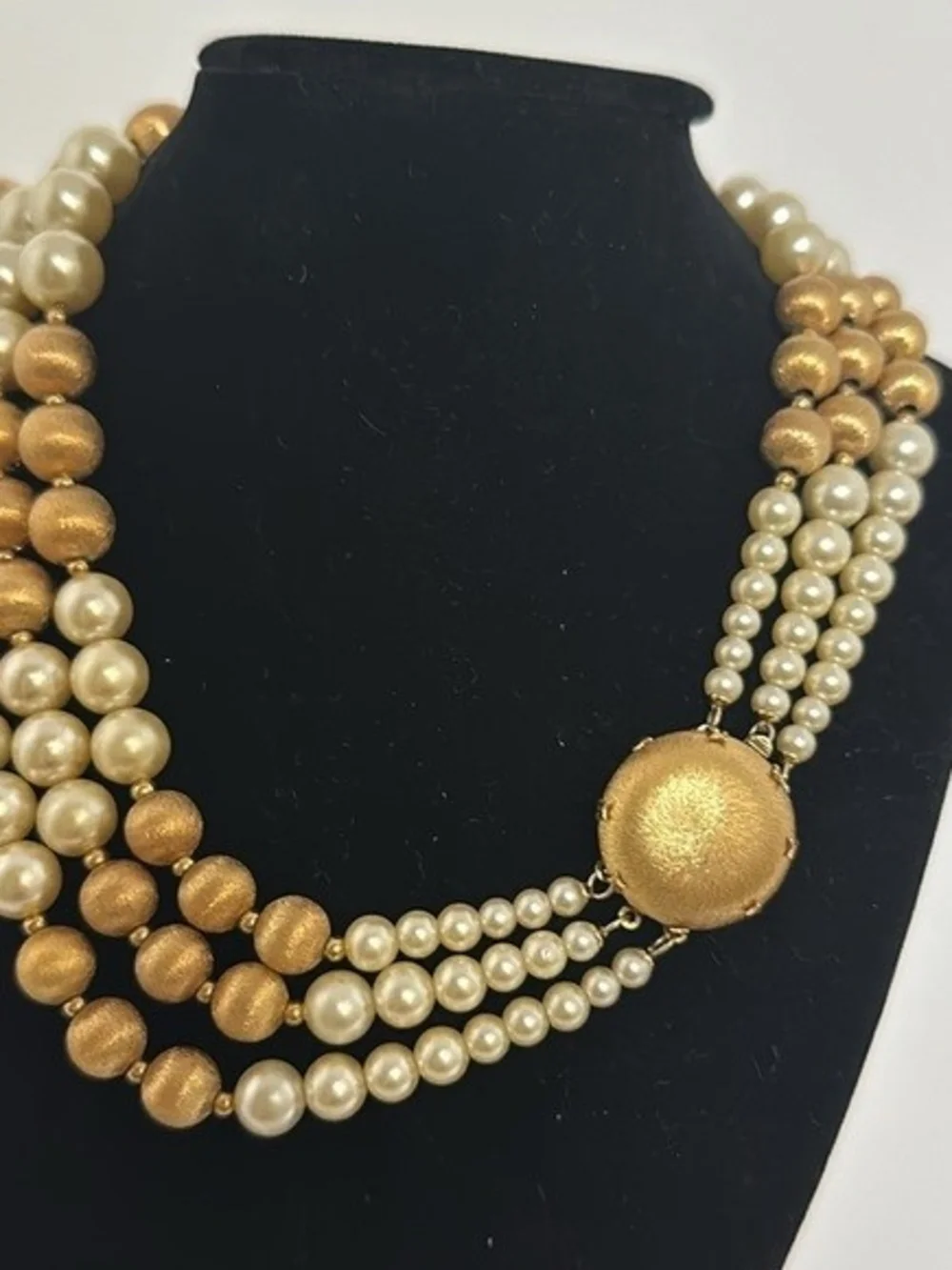 Vintage 1950’s Signed Napier 3 Strand Faux Pearl & Gold Tone Bead Necklace